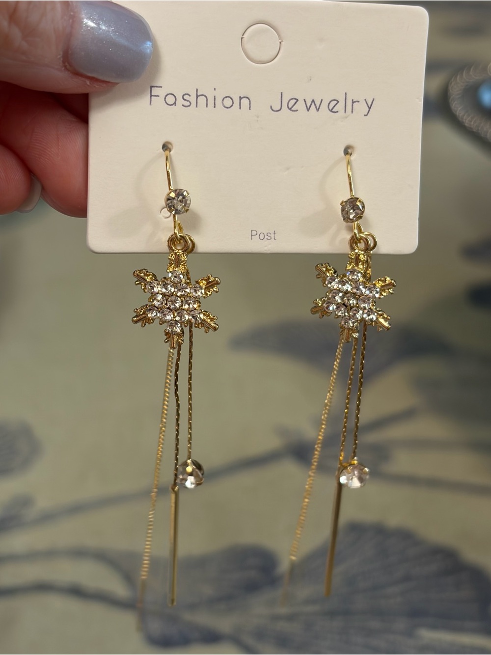 Gold Tone Rhinestone Snowflake Long Dangle Earrings